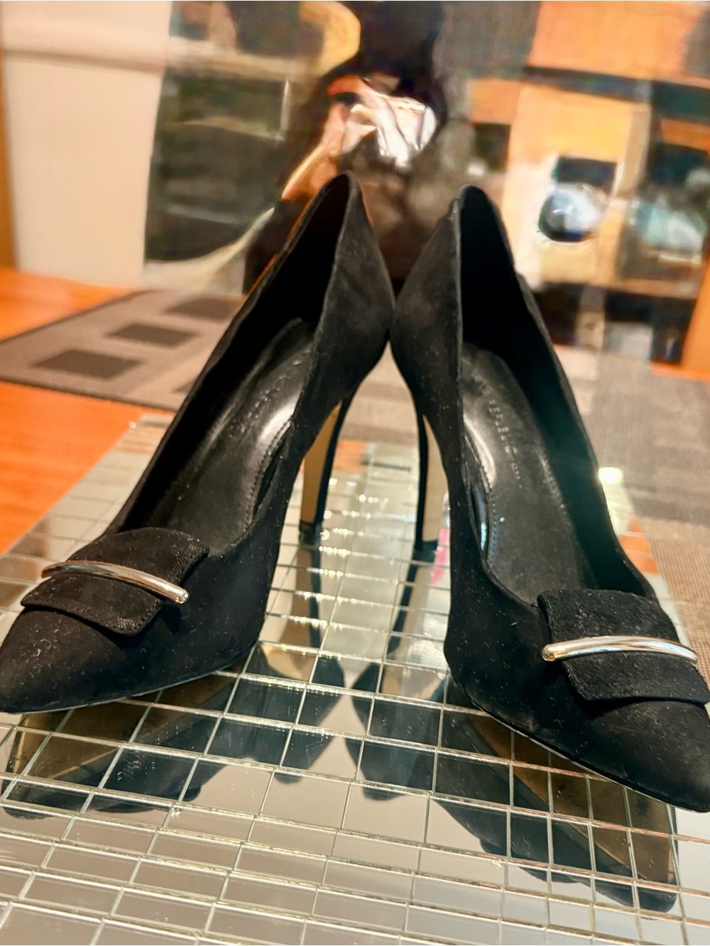 Banana Republic Black Suede Pointed-Toe Heels with Silver Bar